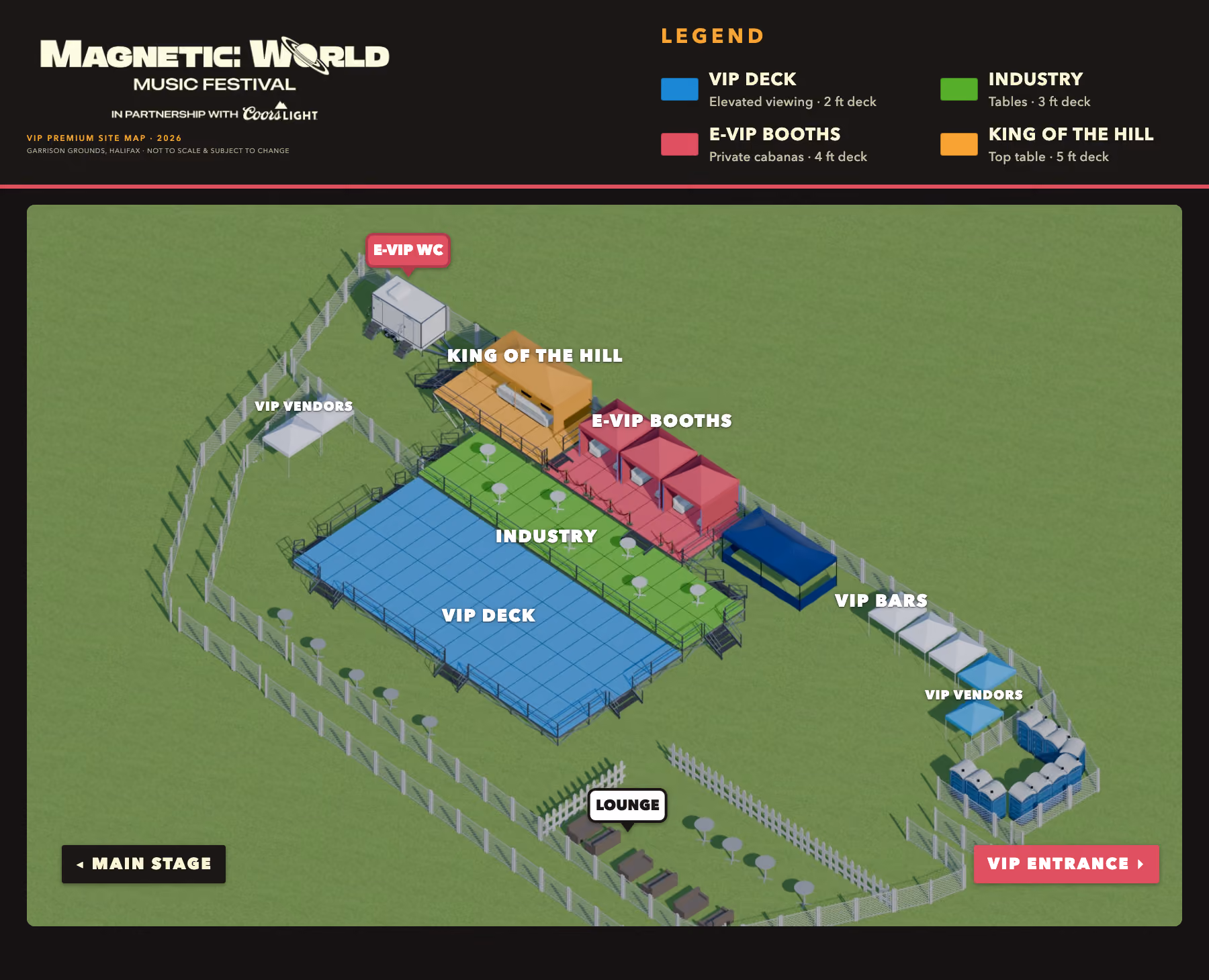 Magnetic World Music Festival VIP premium site map showing VIP Deck, Industry, E-VIP Booths, King of the Hill, VIP Bars, Lounge and entrance