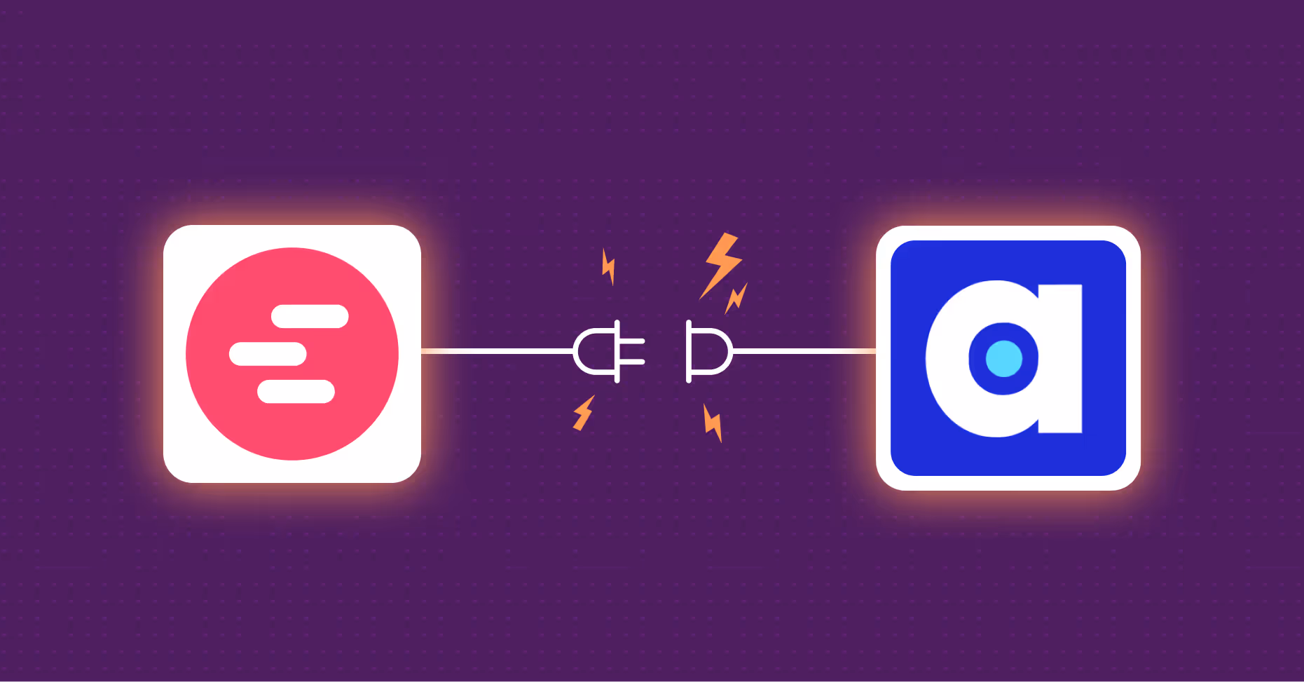 Illustration of integration between Elementary (pink icon on the left) and Atlan (blue 'a' icon on the right), connected by plugs with lightning bolts, on a purple background.