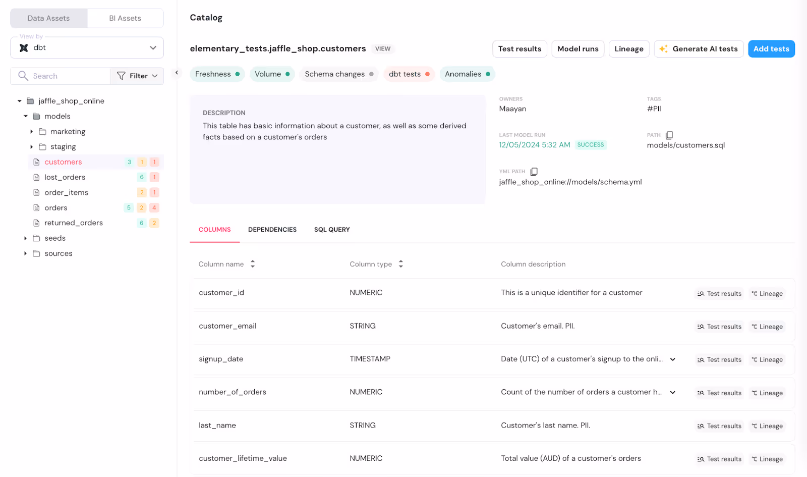Screenshot of a data catalog interface displaying information about a customer model in a demo database. It includes columns for customer ID, email, signup date, number of orders, last name, and customer lifetime value, along with descriptions for each column.
