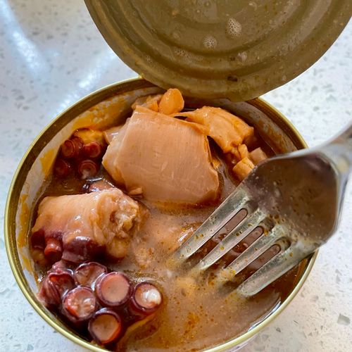 Wild-caught octopus, Bullwhip Kelp Hot Sauce, Quick tinned fish seafood salad