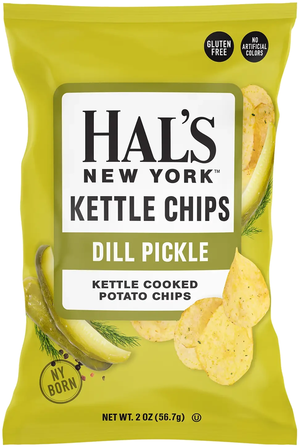 Hal's New York dill pickle kettle chips bag
