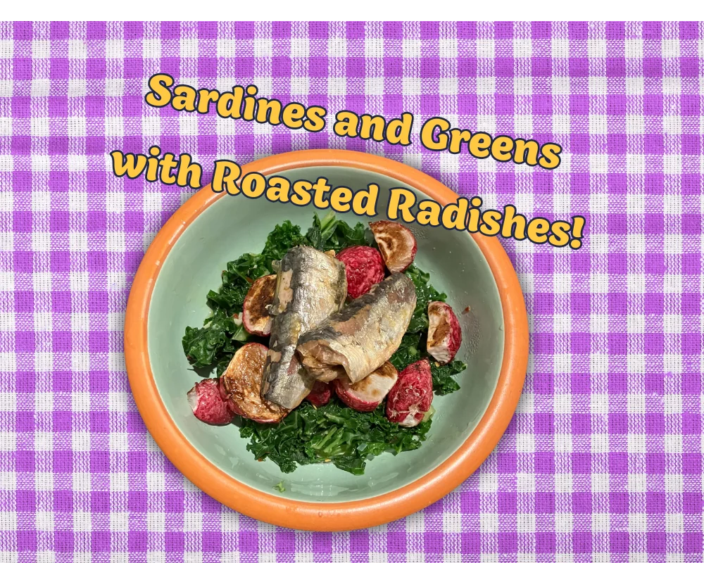 Roasted radishes and sardines served over kale