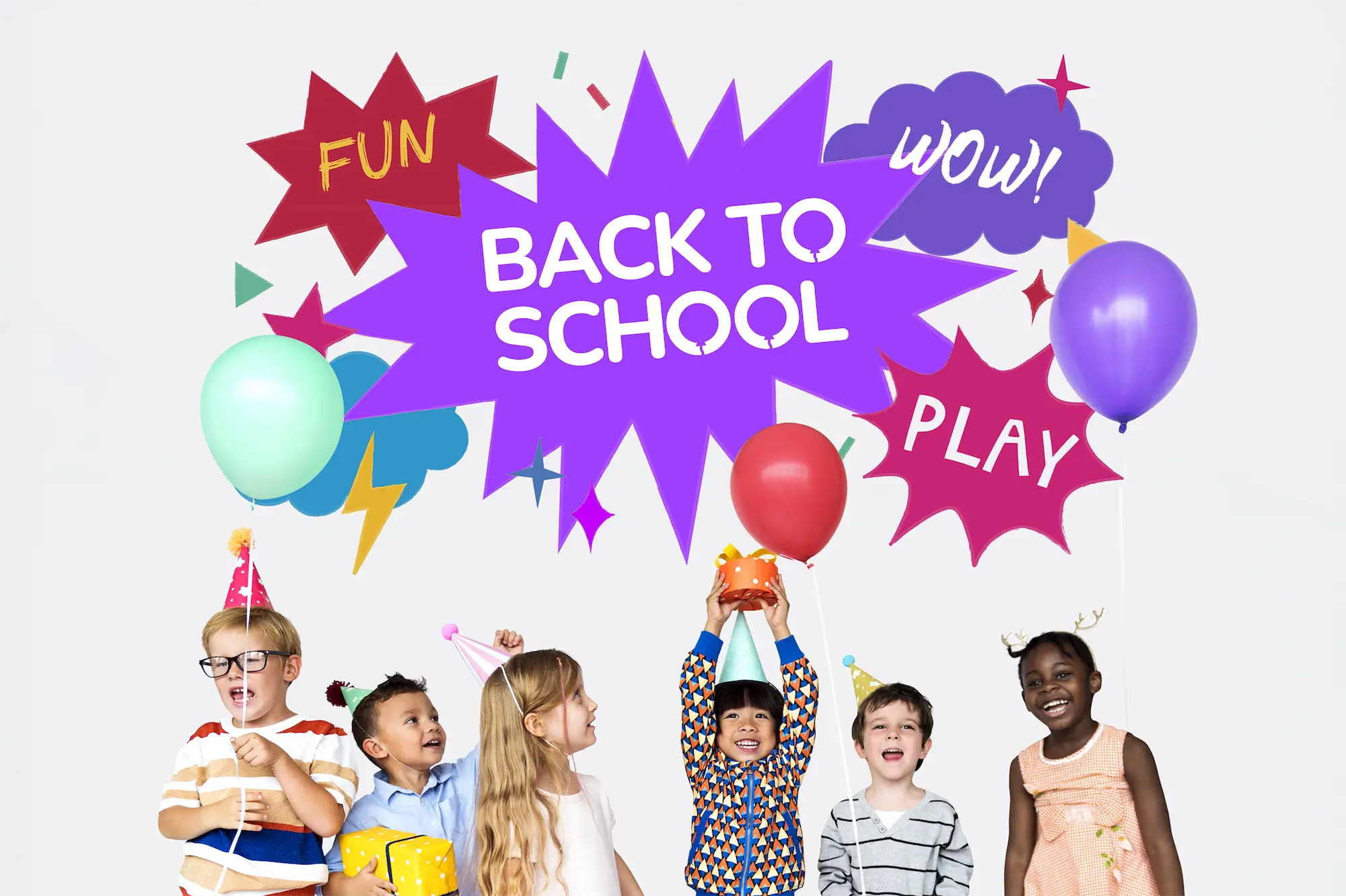 Children playing games and enjoying activities at a vibrant back-to-school party with colorful decorations