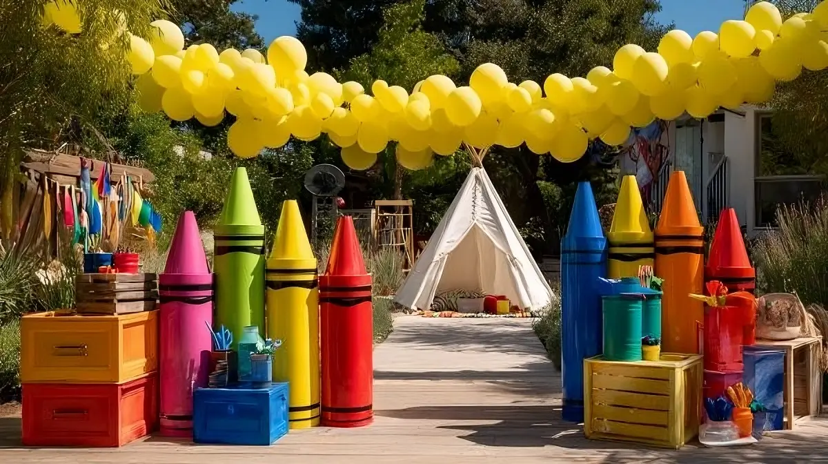 A festive back to school celebration with an array of colorful balloons and crayons arranged on a cheerful table setting.