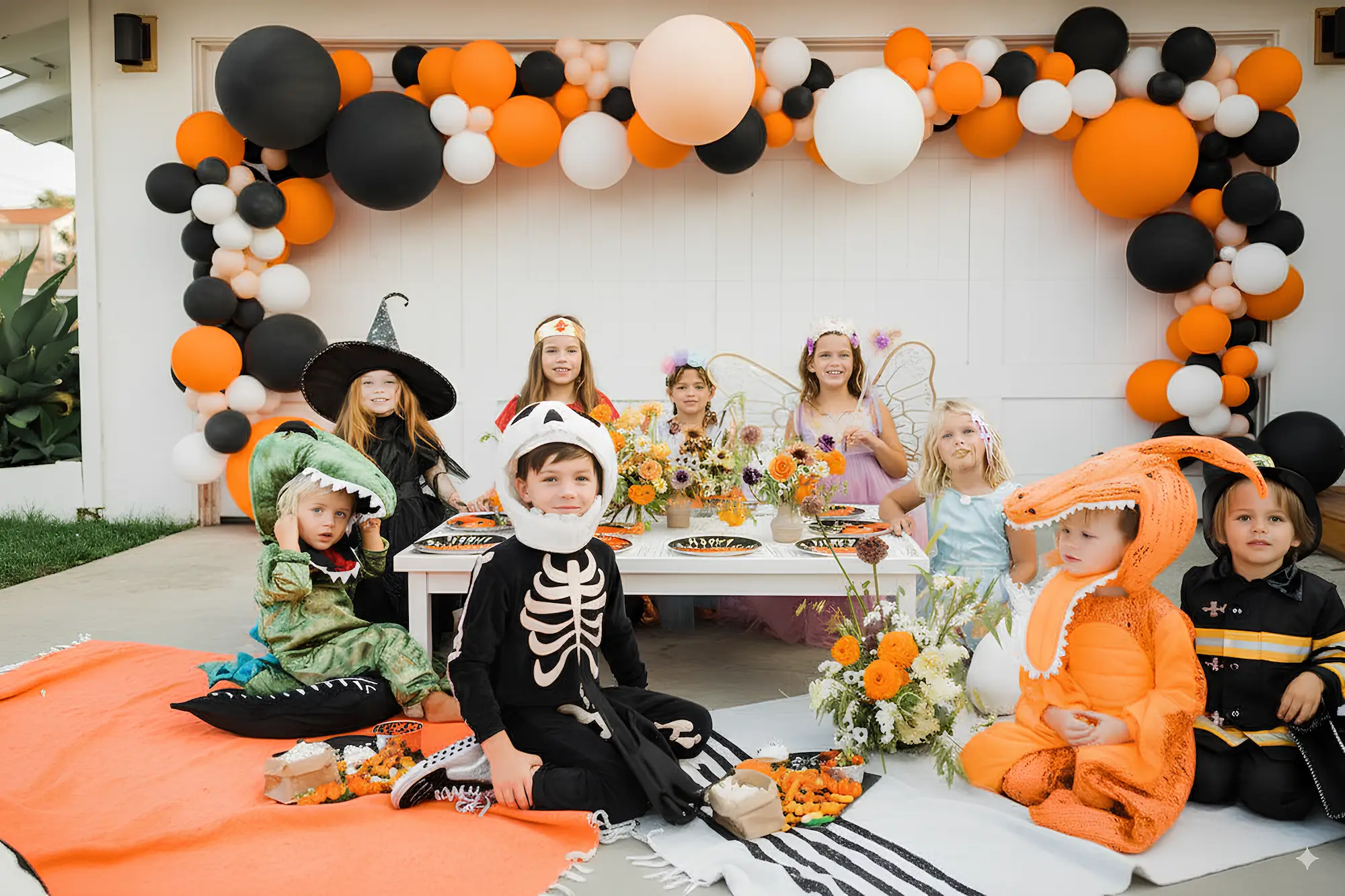 Kids enjoying a Halloween party in front of a garage, featuring decorations and costumes.
