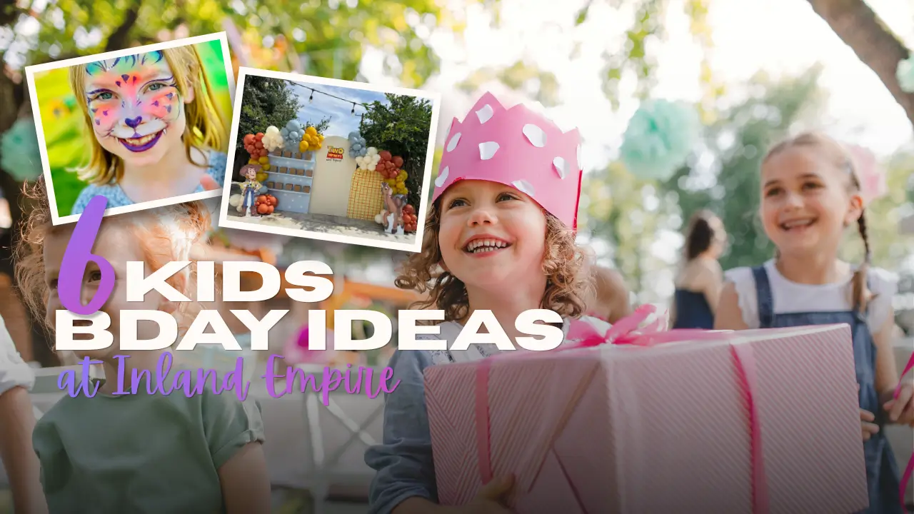 Smiling kids at outdoor birthday party with gift, face painting, and balloon backdrop in Inland Empire