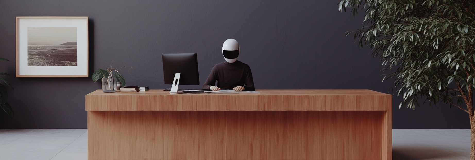 책상 뒤에 앉아 컴퓨터를 사용하는 헬멧을 쓴 사람의 모습.