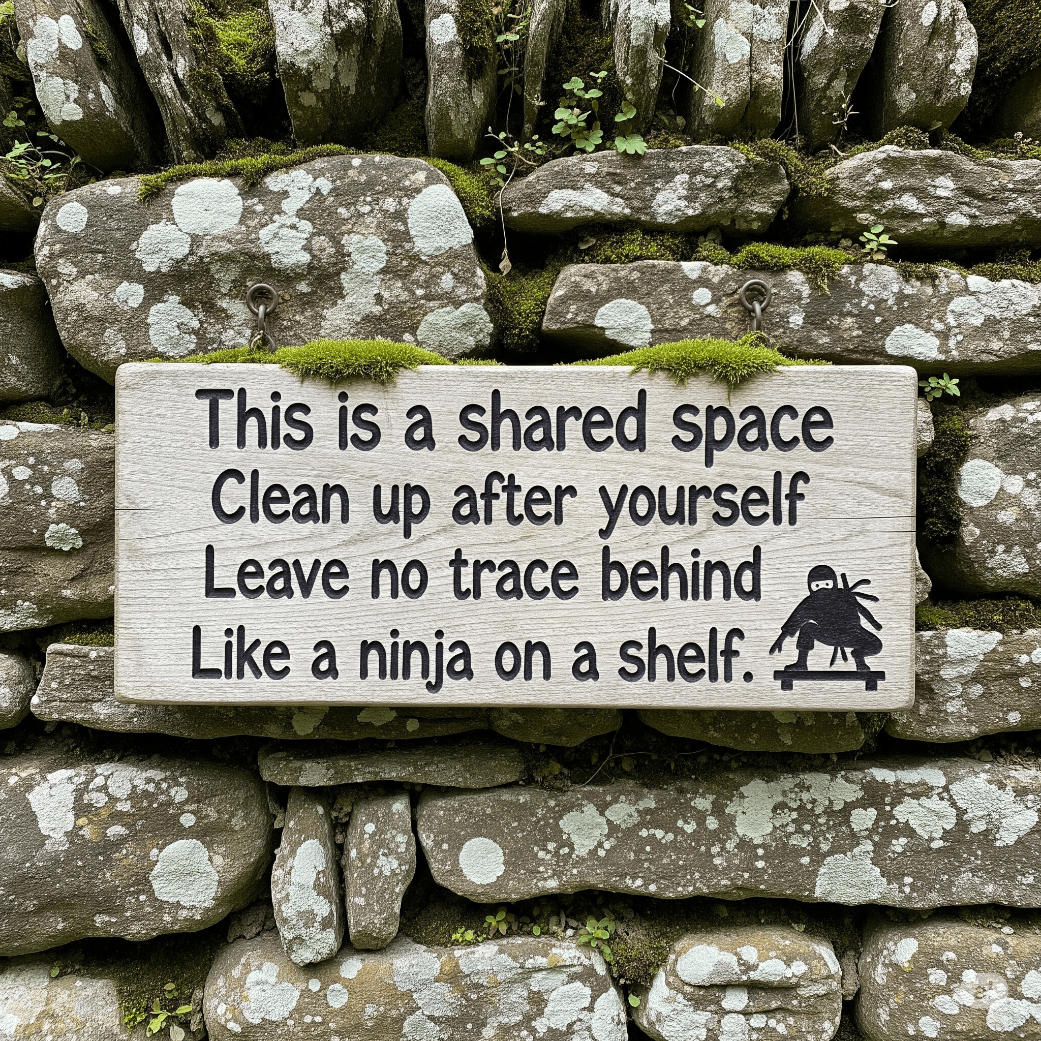 image says: This is a shared space Clean up after yourself Leave no trace behind Like a ninja on a shelf.