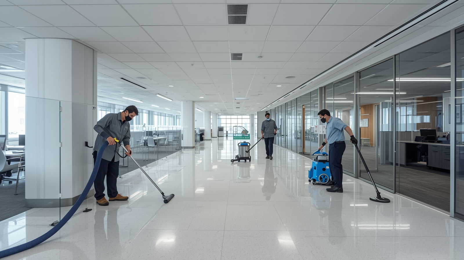 Commercial cleaning team using advanced tools in a modern Toronto office space.