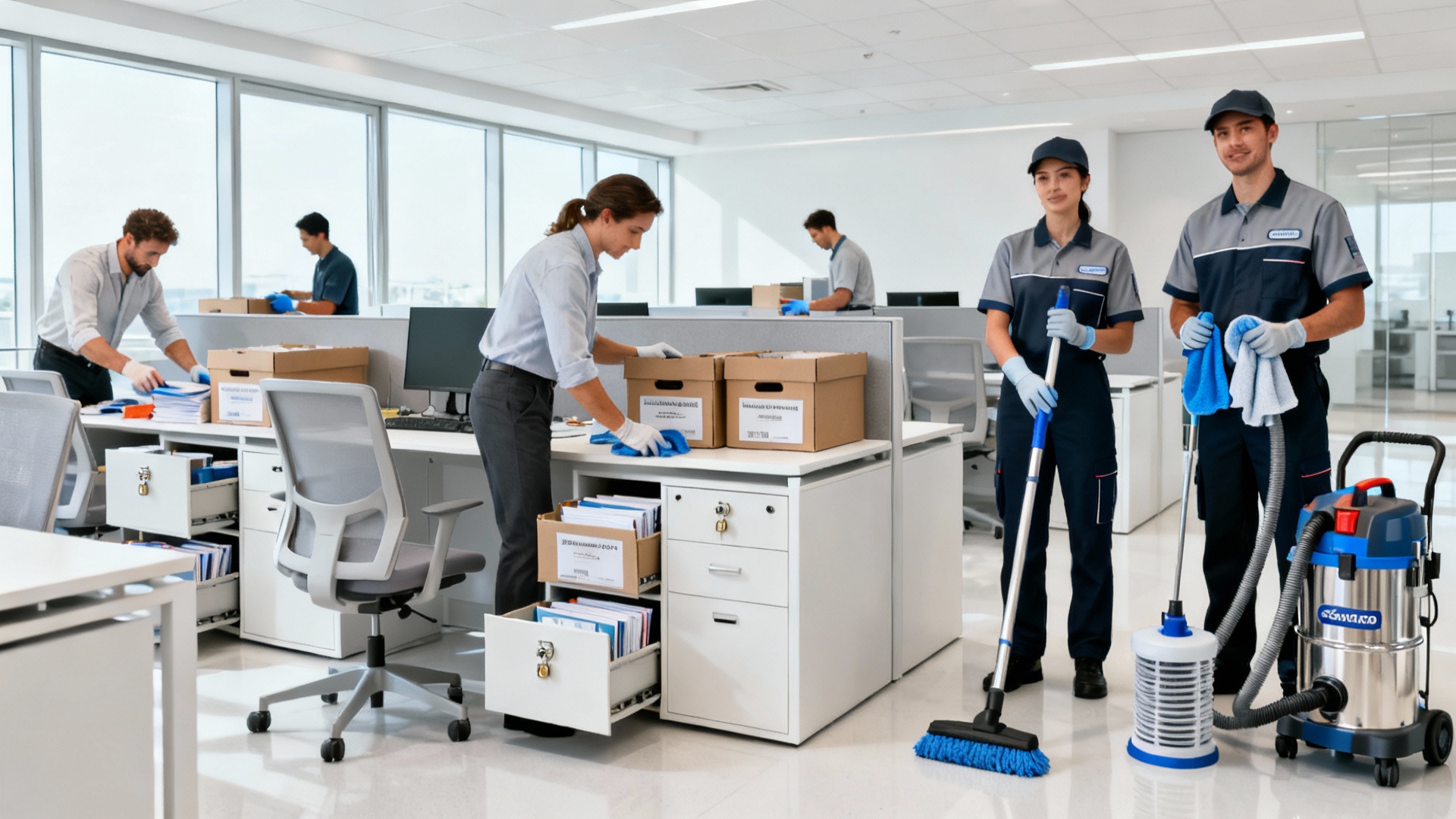 Scarborough office being prepared for a professional cleaning team, with employees clearing desks and cleaners ready with equipment.