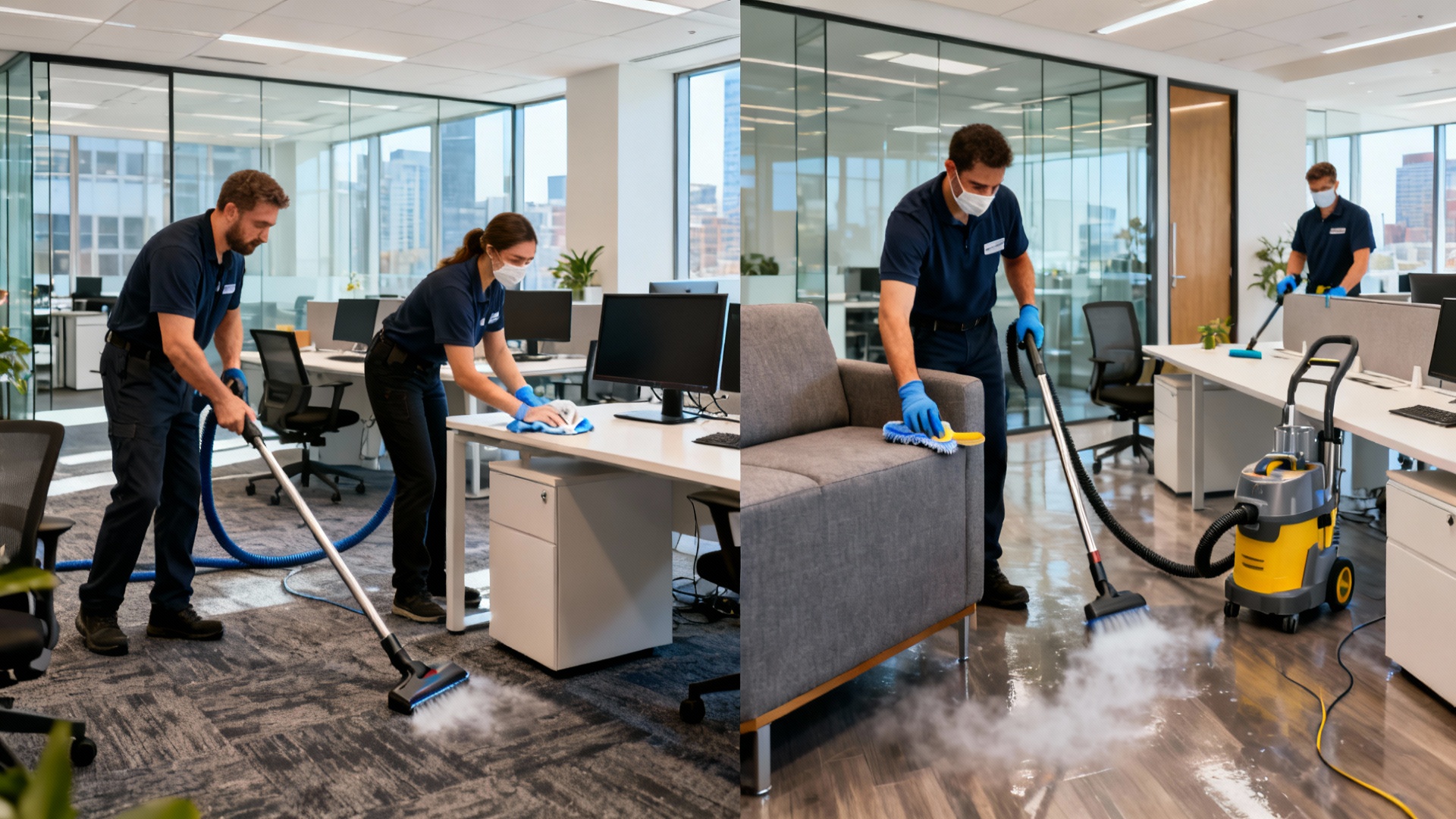 Professional cleaners performing deep cleaning and regular cleaning in a modern Toronto office.