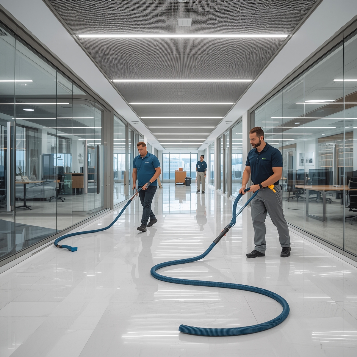 Two cleaners cleaning a wide office