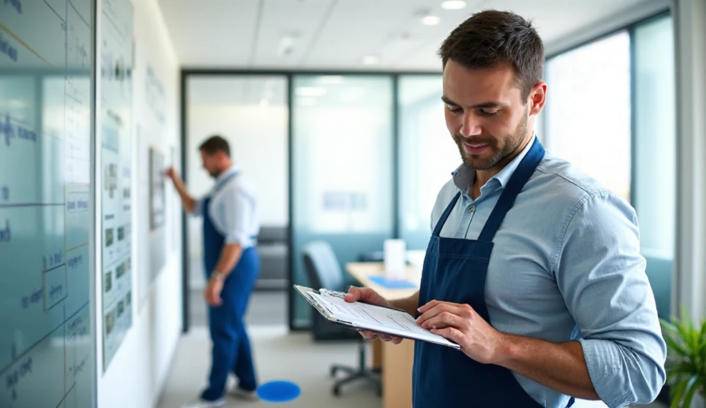 Cleaning team coordinating an efficient cleaning schedule inside a modern Etobicoke office.