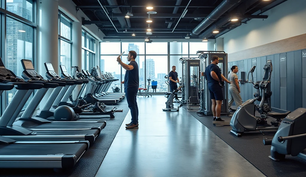 Professional cleaners maintaining a fitness centre in a GTA office tower, focusing on sweat, sanitation, and odour control.