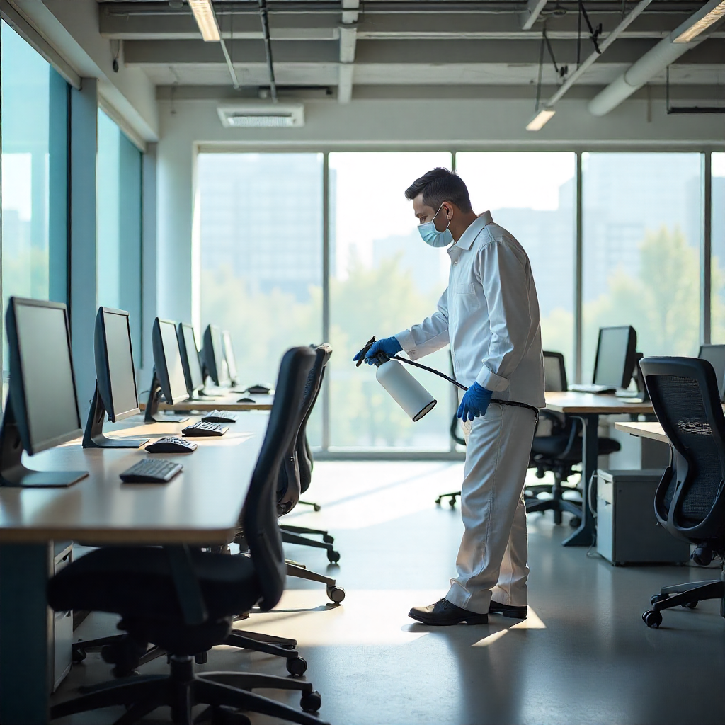 Professional cleaner using an electrostatic sprayer to disinfect a modern North York office workspace
