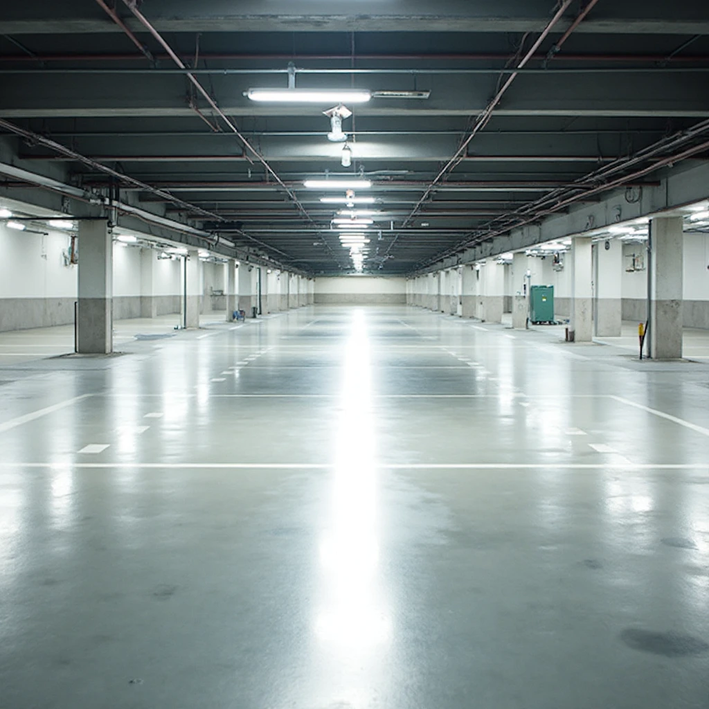 Clean and well-maintained empty parking garage with freshly scrubbed concrete floors.