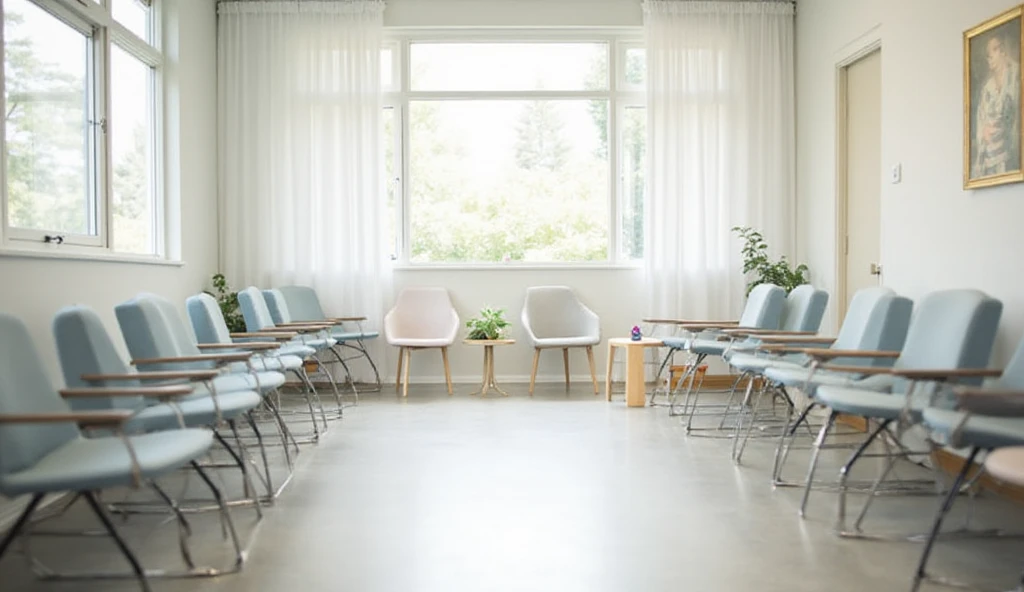 Clean and organized waiting room with sanitized chairs and toys
