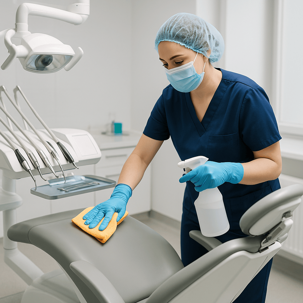 Clean physiotherapy treatment room with sanitized equipment cleaned by a medical facility cleaner.