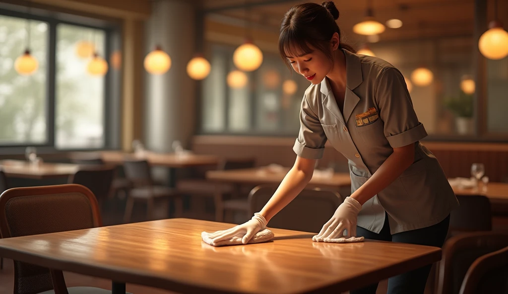 A cleaner cleaning in a restaurant