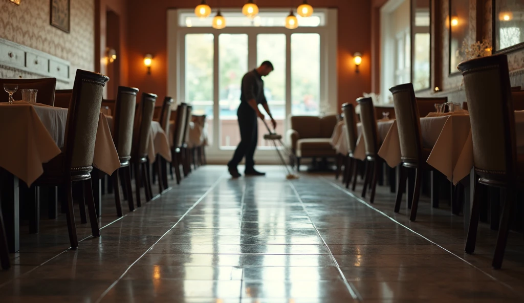 mopping a restaurant floor after closing, tables stacked or pushed aside, polished tile surface.