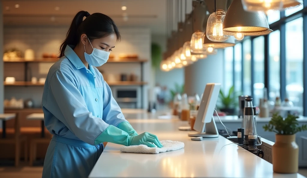 A lady in a restaurant cleaning