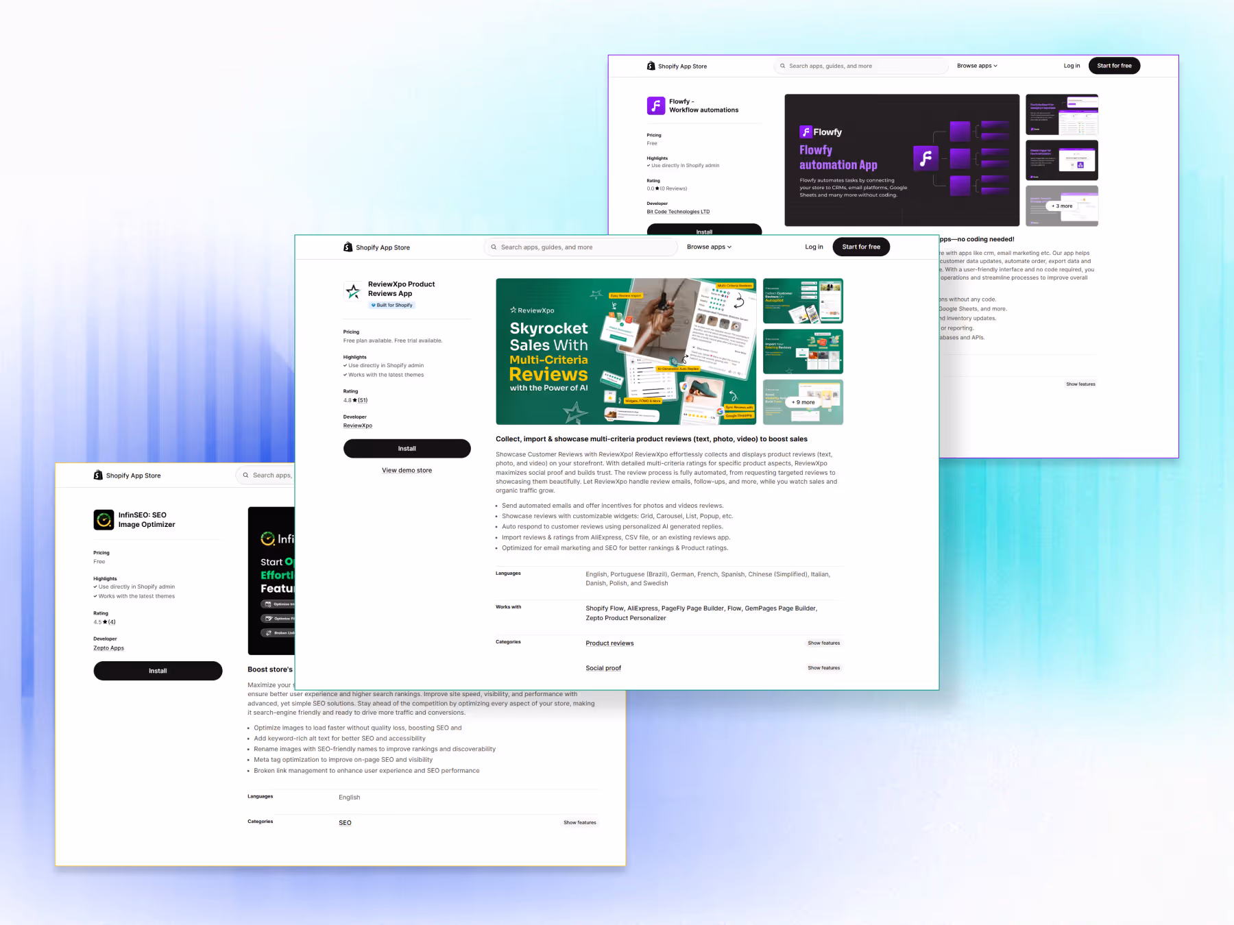 Shopify App Development- ReviewXpo, Syncora, Flowfy, InfineSEO