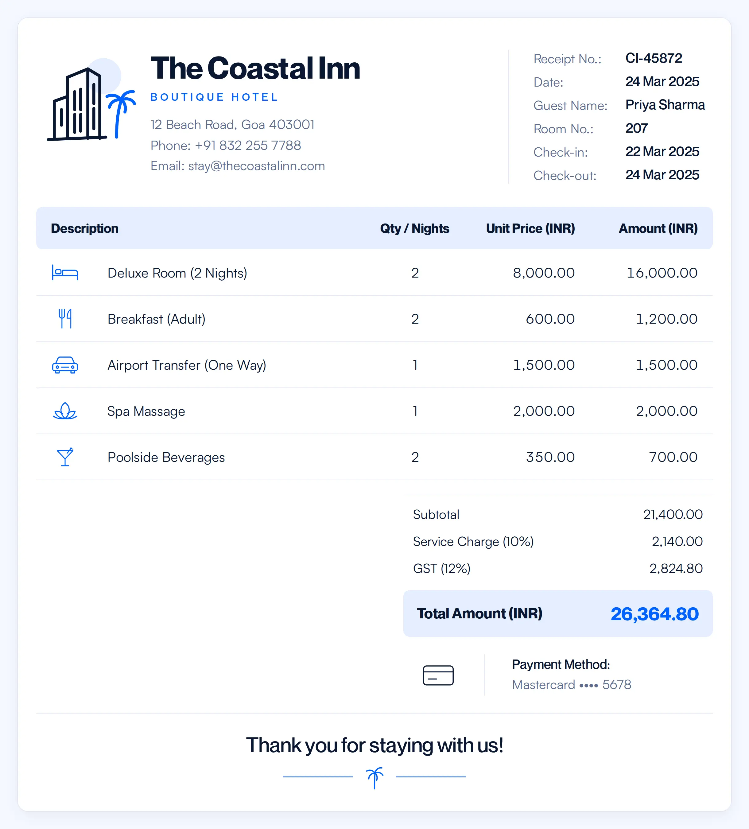 Sample hotel payment receipt showing itemized room and service charges, taxes, total amount, payment method, guest details, and booking information.