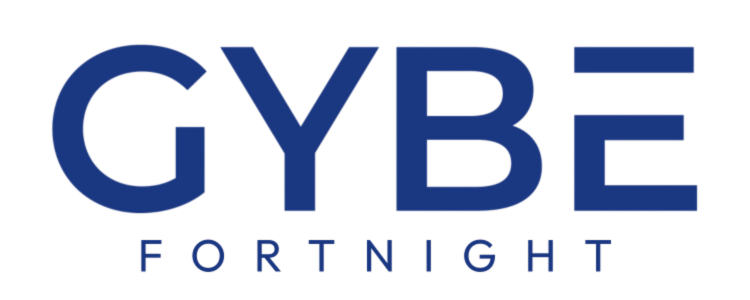 Logo with large blue letters 'GYBE' and smaller blue text 'FORTNIGHT' underneath on a black background.