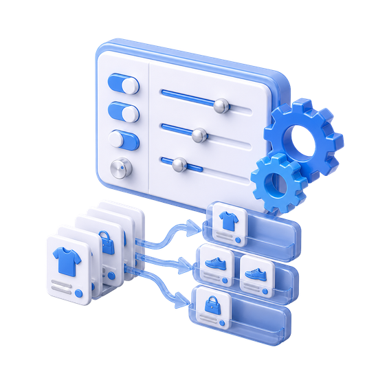 Illustration 3D : panneau de réglages et règles de flux produits