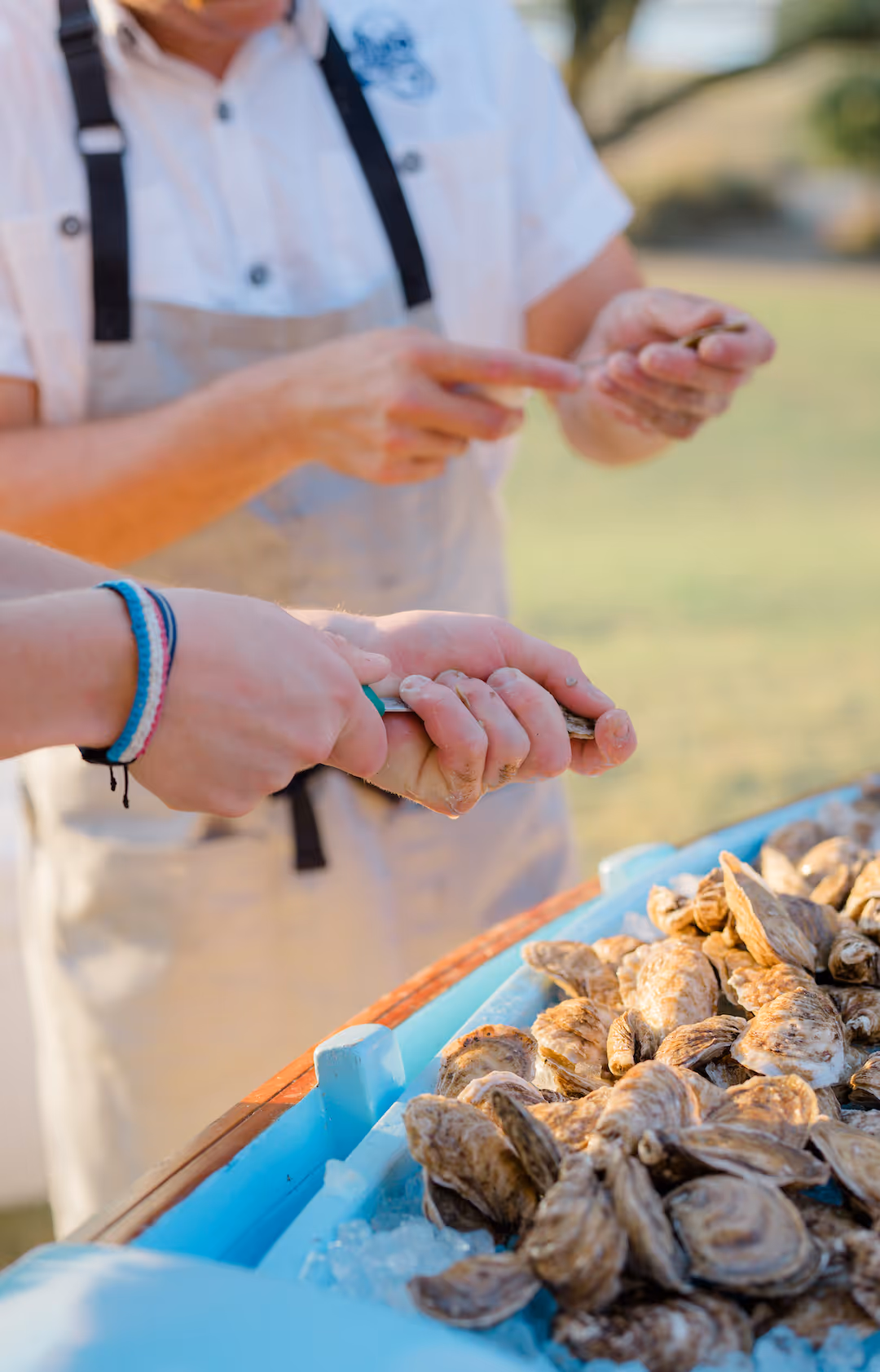 A chef wearing gloves shucking an oyster at a seafood counter.