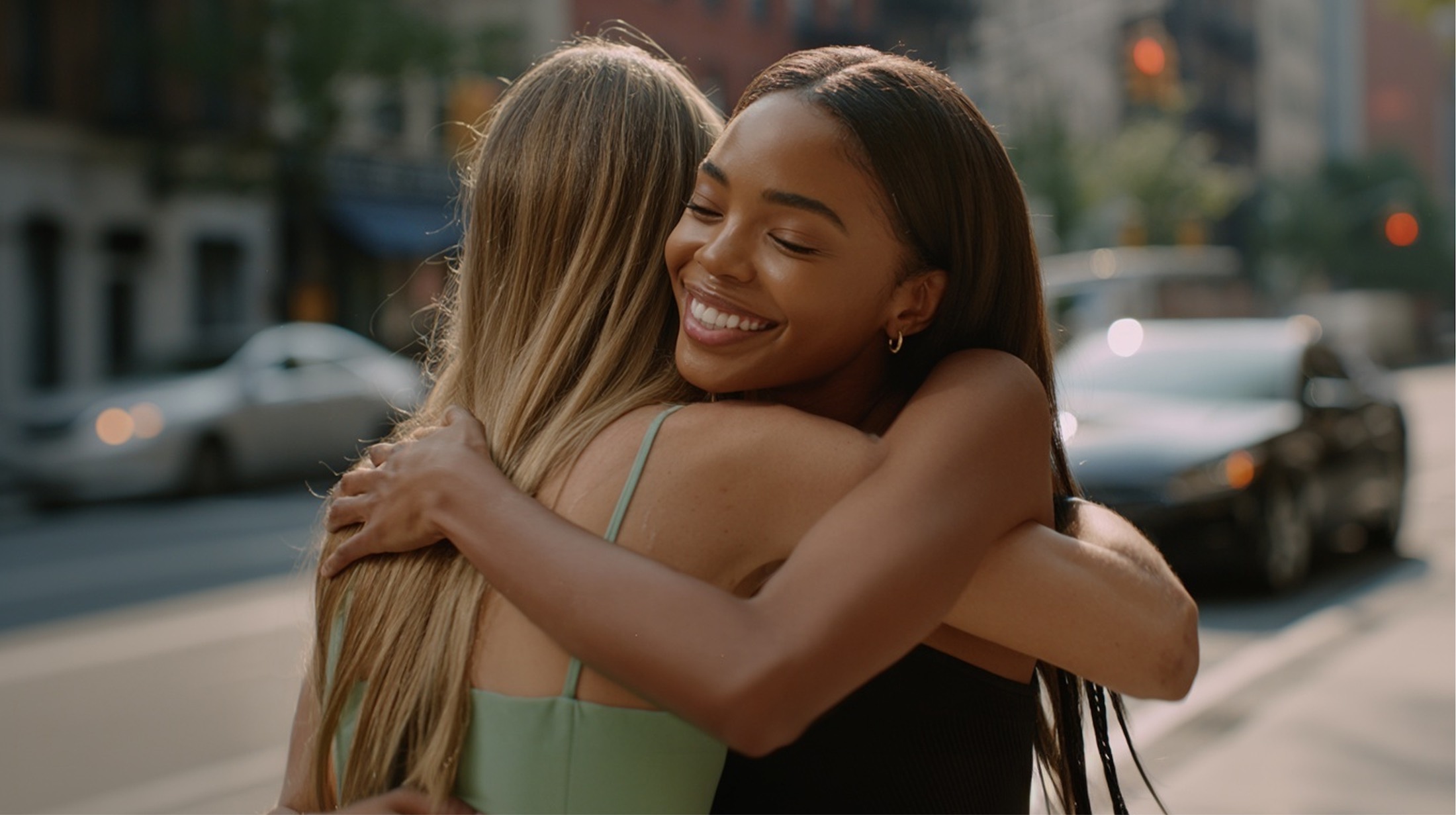 Two women embracing on a city street, one smiling with eyes closed.