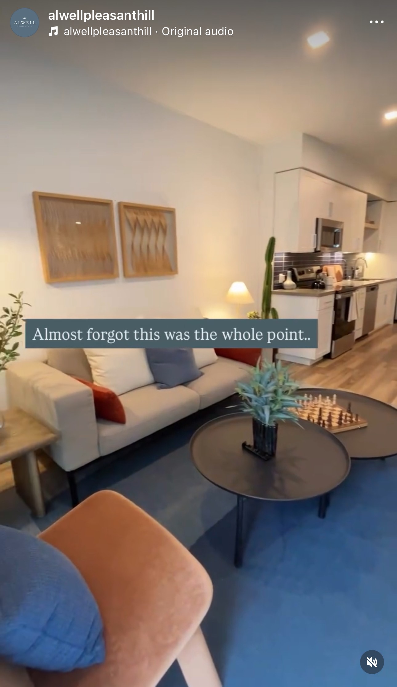 Living room with blue rug and coffee table
