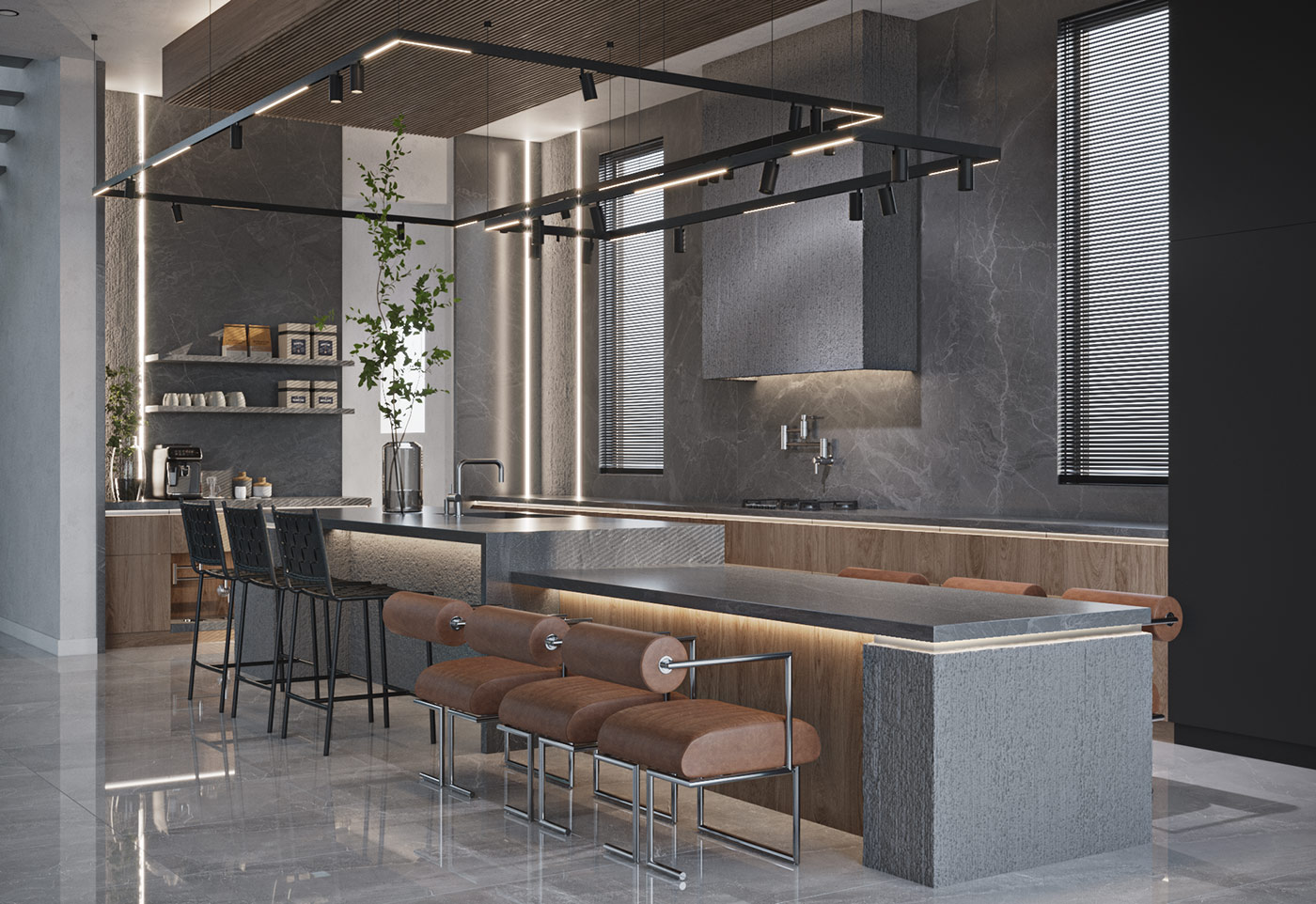 Modern kitchen remodel with dark stone island, Las Vegas
