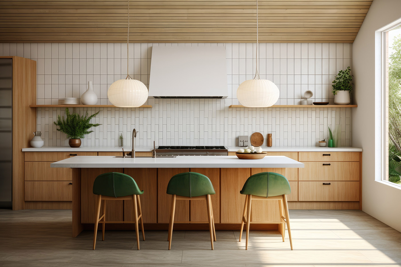 Mid-century modern kitchen with oak cabinets and subway tile