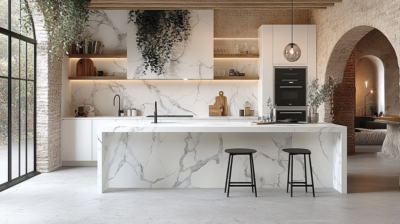 Mediterranean kitchen with marble waterfall island and arched walls