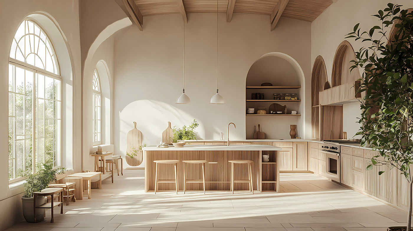 Modern organic kitchen with white oak cabinetry, Las Vegas