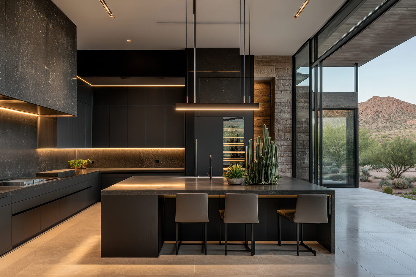 Desert modern kitchen with black cabinetry and desert views