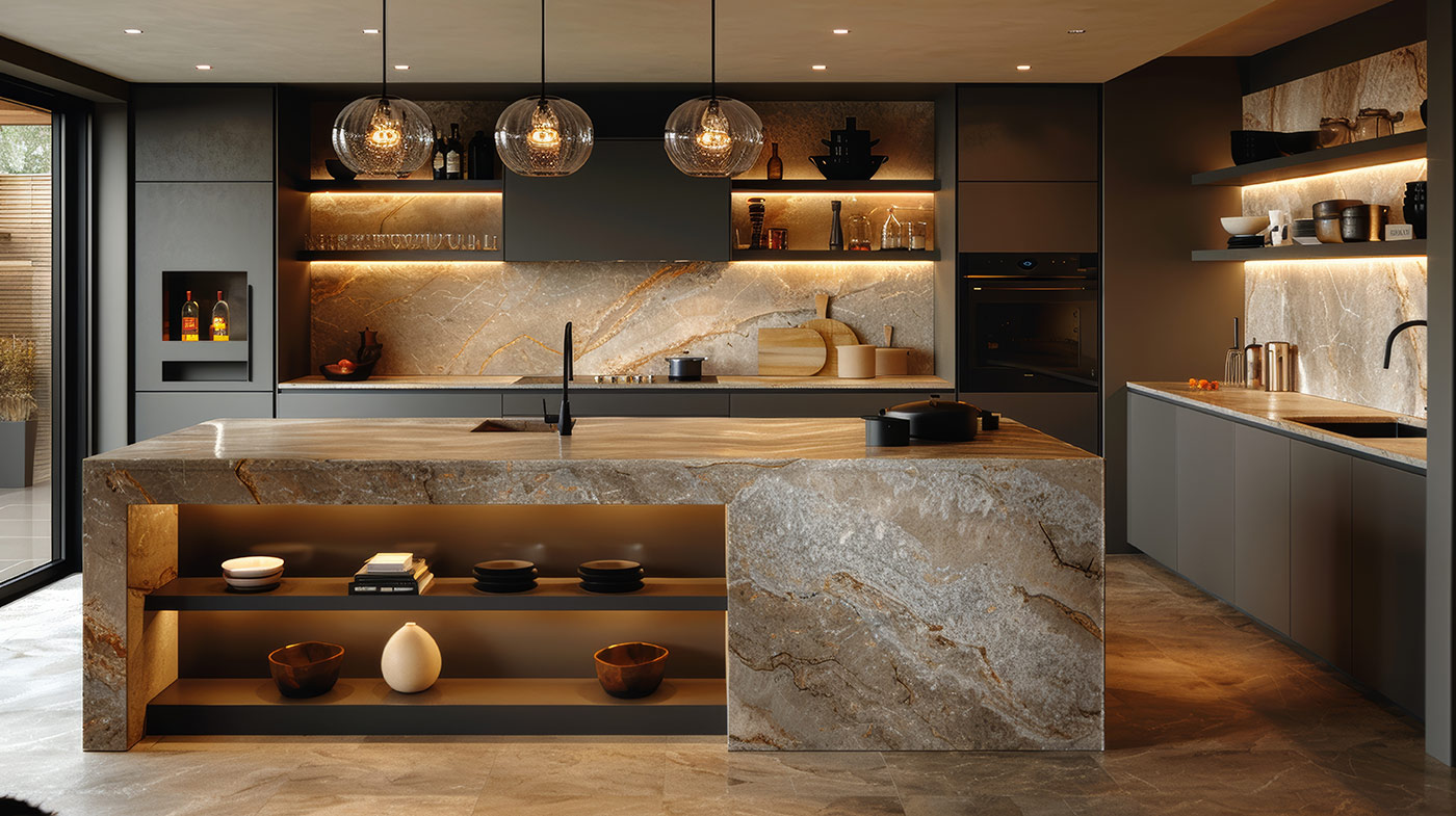 Quiet luxury kitchen with natural stone island, Las Vegas