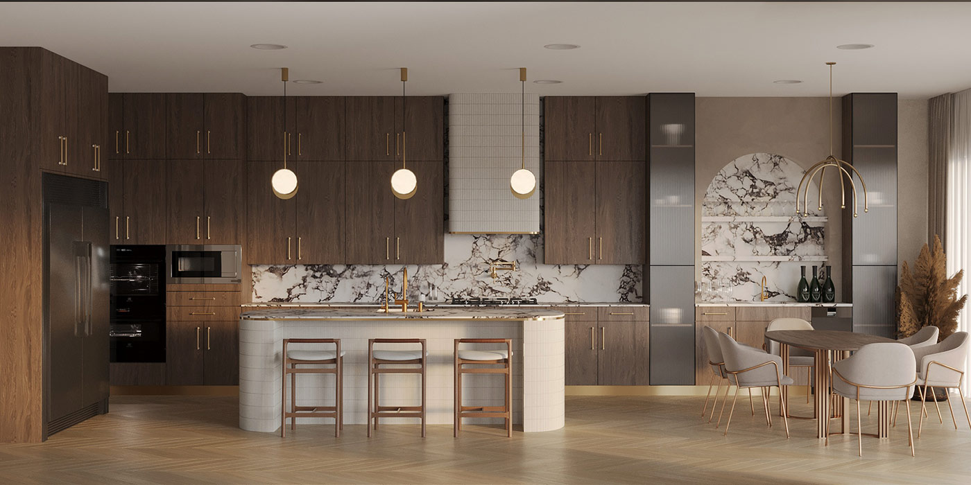 Contemporary classic kitchen with walnut cabinets and marble backsplash