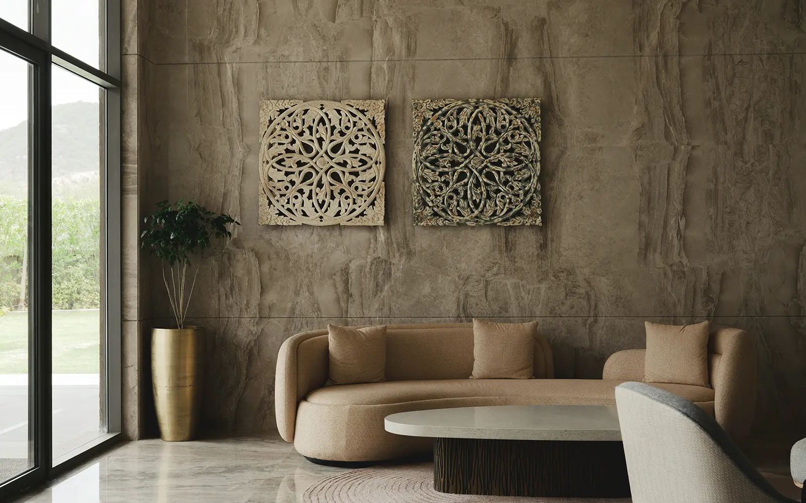 Curved sofa and sculptural furniture softening a rectilinear modern living room
