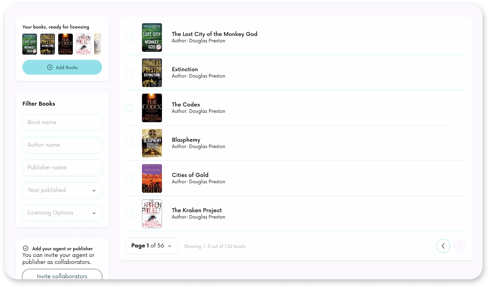 Screenshot from the dashboard of Created by Humans, showing the library of author Douglas Preston.