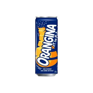 Canette Orangina 33 cl servie chez Chikin Bang, boisson pétillante fruitée idéale avec les menus de fast food coréen.