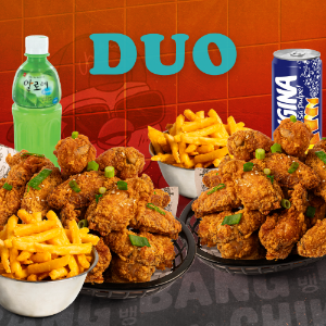 DUO menu from Korean fast-food restaurant Chikin Bang, with crispy fried chicken, golden fries and Coca-Cola drink.
