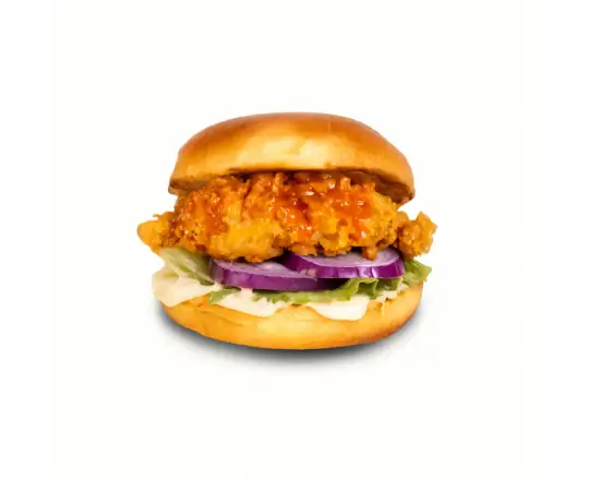 Burger Chikin Boneless chikin, Laitue, Oignon Rouge, sauce gochu mayo, sauce Kreamy, pickles jalapenos