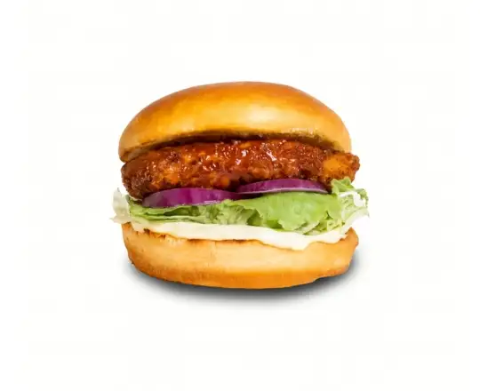 Burger Veggie Suprême pané végétal HappyVore, Laitue, Oignon Rouge, carottes marinées, sauce Soy Garlic (soja ail), Sauce Kreamy
