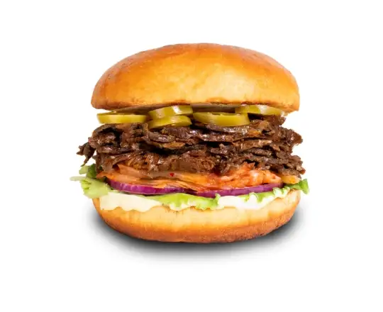 Burger Bulgogi Boeuf Bulgogi, Salade Iceberg, Oignon Rouge, Kimchi, Sauce Kreamy, pickles jalapenos