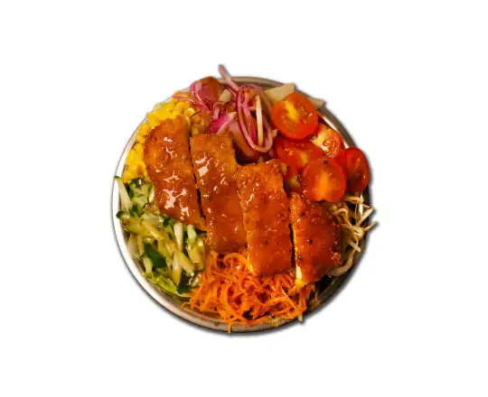 Veggie Bap de Chikin Bang, bibimbap coréen végétarien avec Suprême pané végétal HappyVore, légumes frais, riz et sauce coréenne.