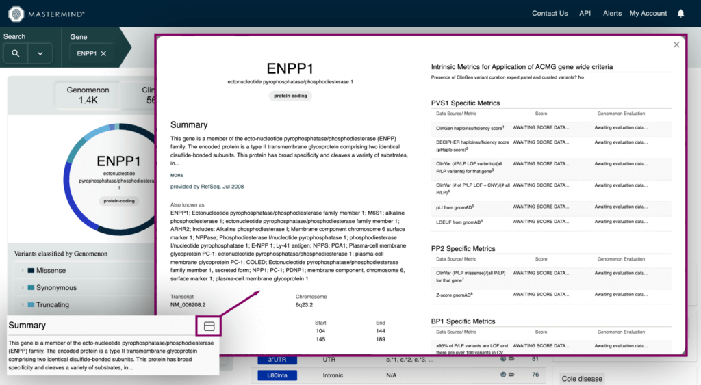 Mastermind Gene Info Page - ENPP1 - ACMG Curation Parameters