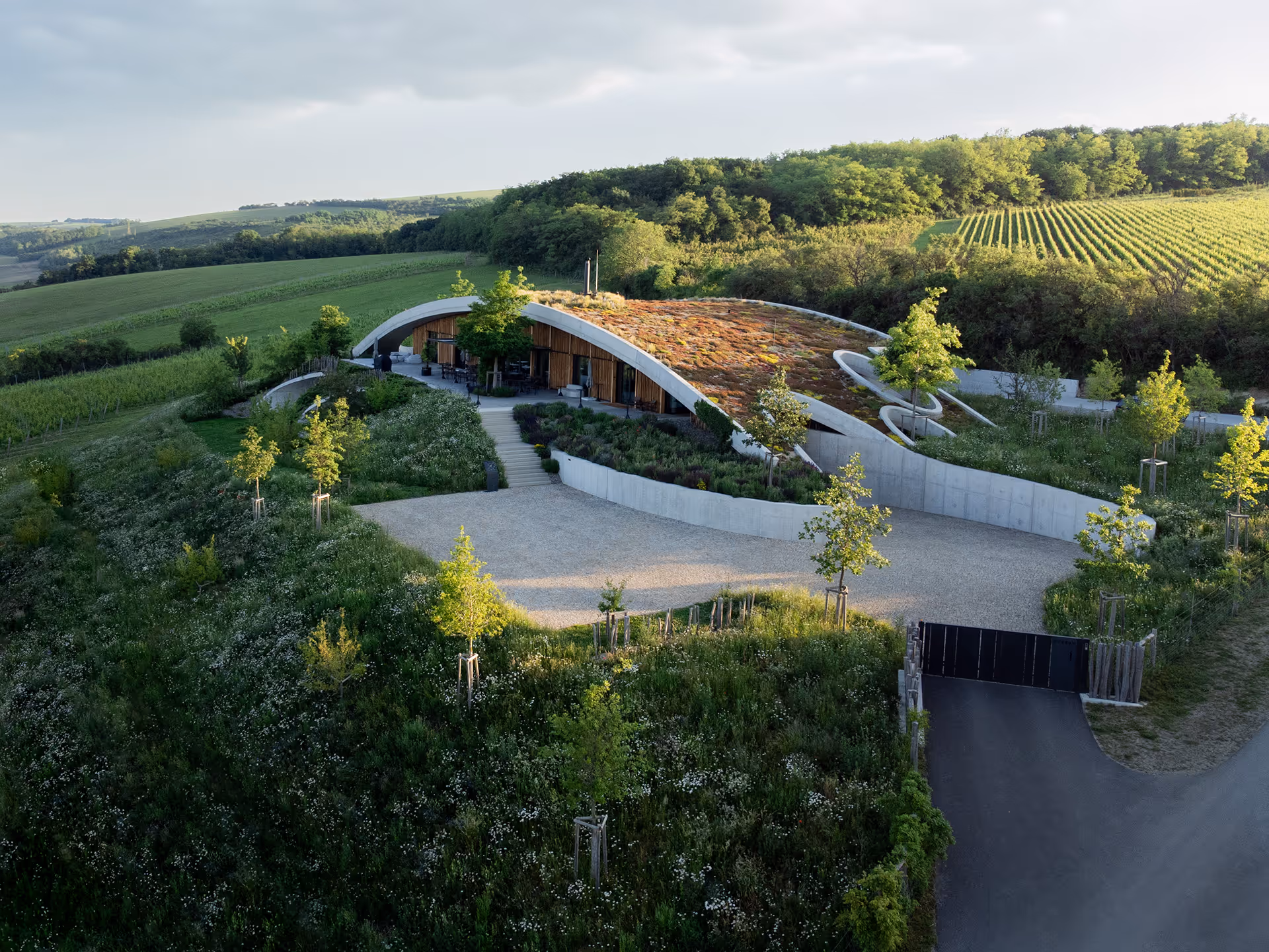 Modern house with a curved green roof surrounded by trees and fields under a cloudy sky.