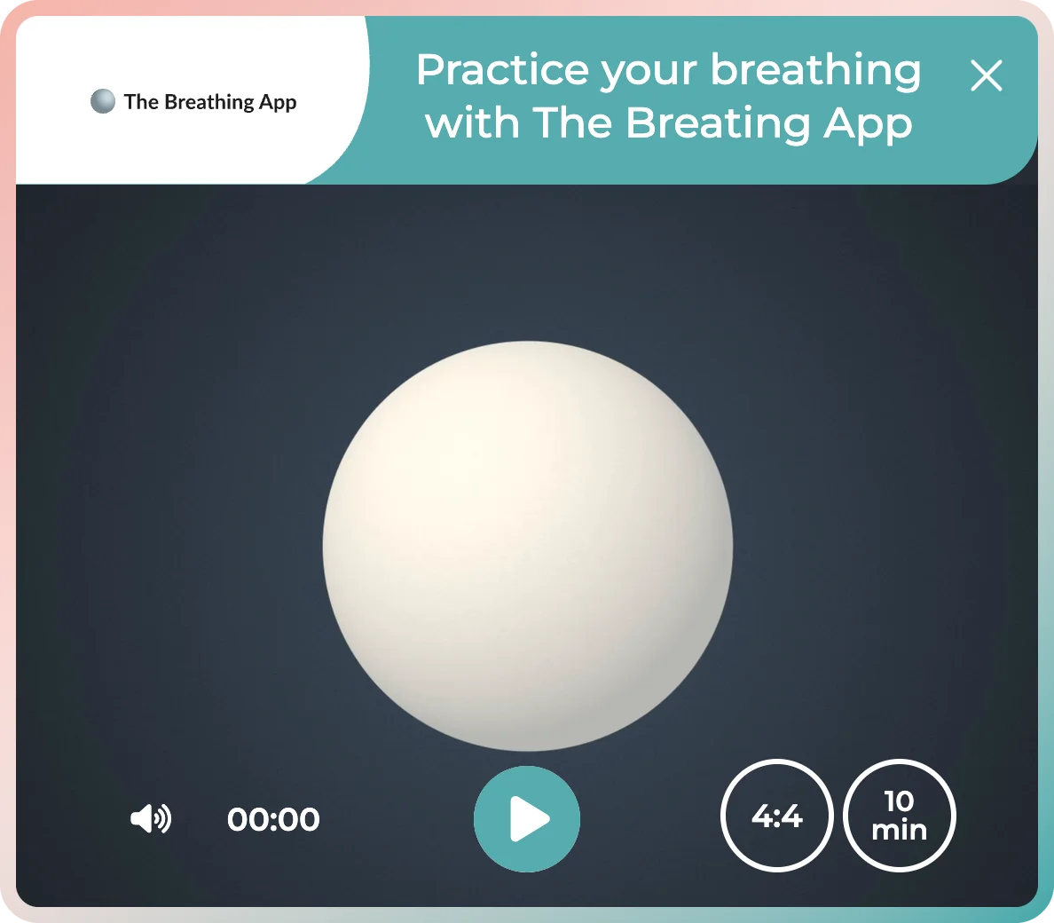 The Breathing App inside the hypnobirthing app, with a 4:4 ratio and a 10-minute timer